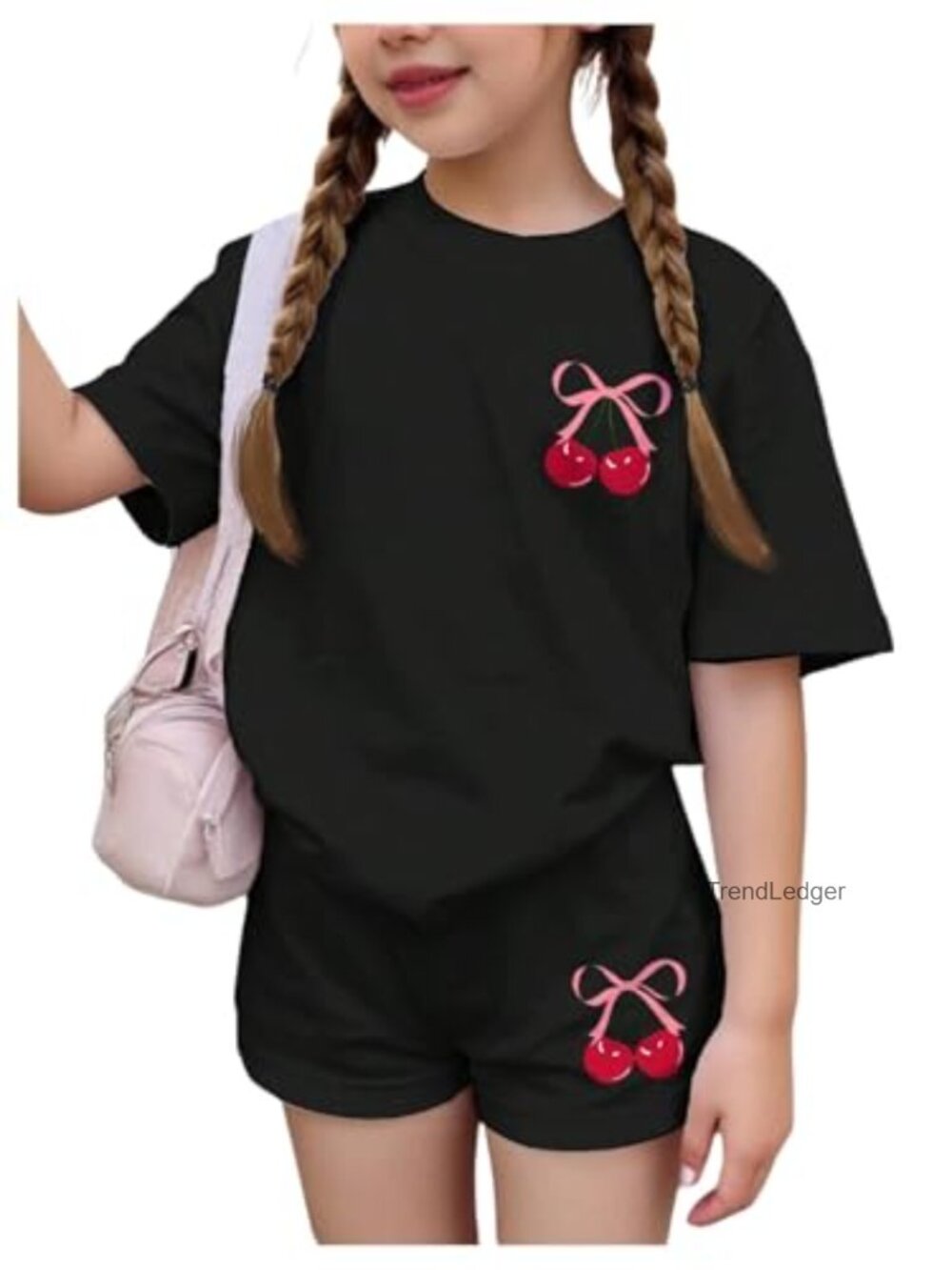 Girls 2 Piece Short Set Cherry Bow Graphic Tee & Shorts Summer Outfit